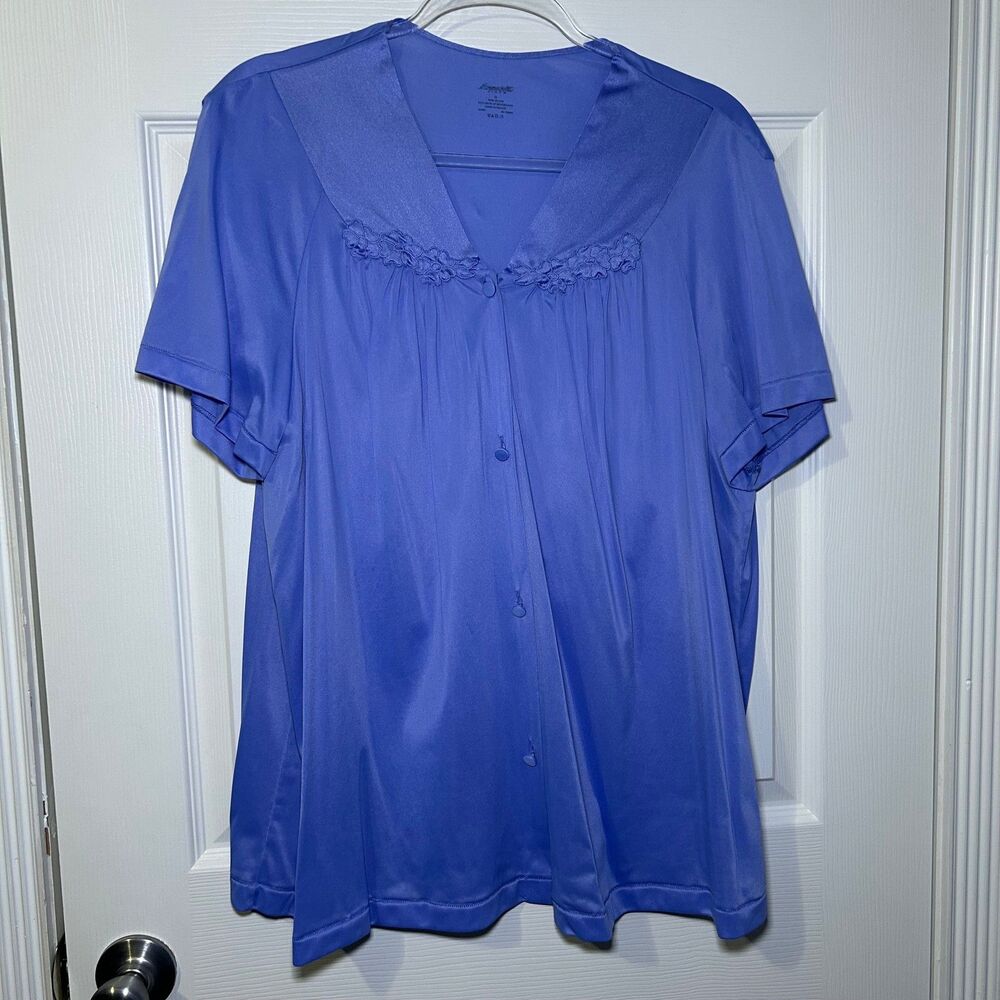 Exquisite Form Robe Women's 1X Blue Nylon Satin Short Sleeve Button Front Lounge